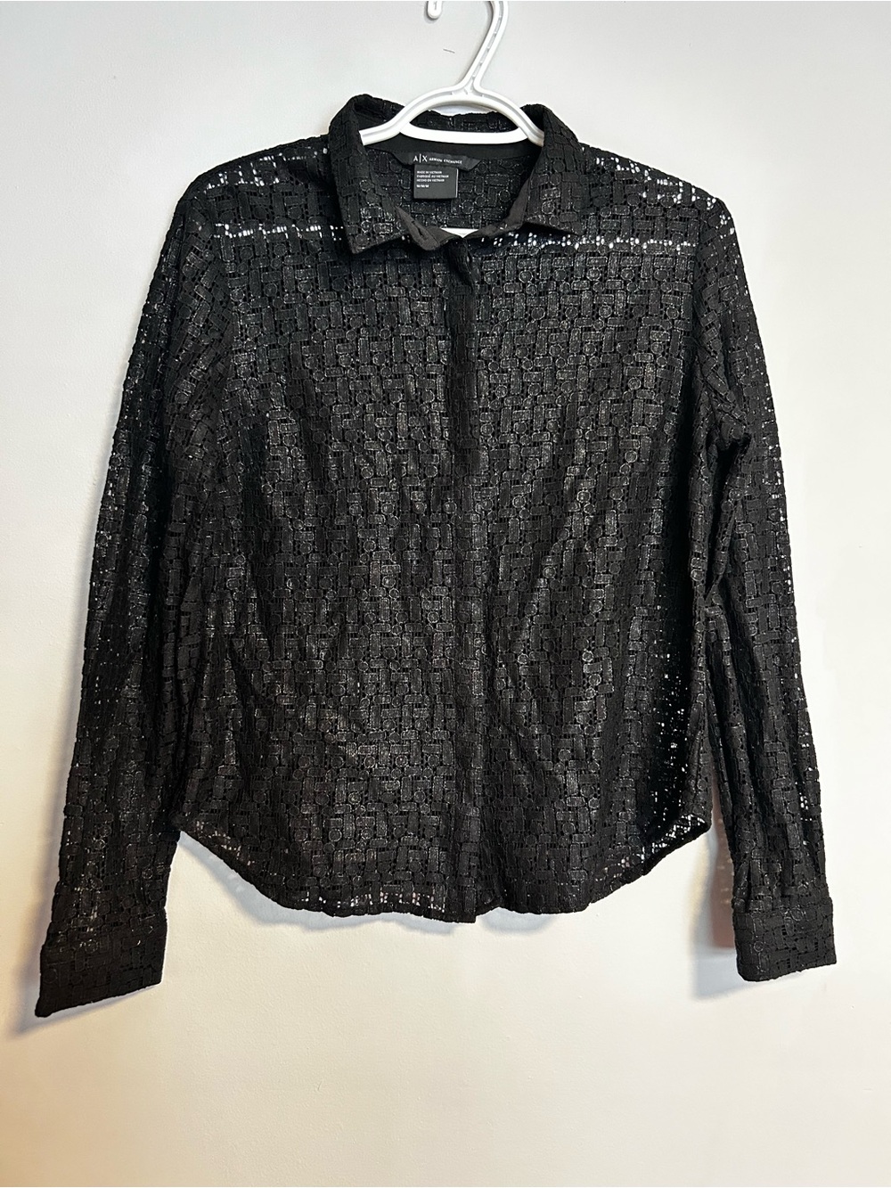 Armani Exchange tailored long-sleeve lace blouse for women in black sz M